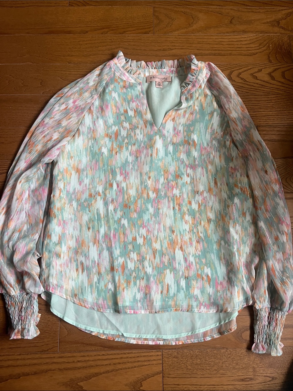 Pleione Mint Multi-Color Long Sleeve Ruffled Peasant Blouse